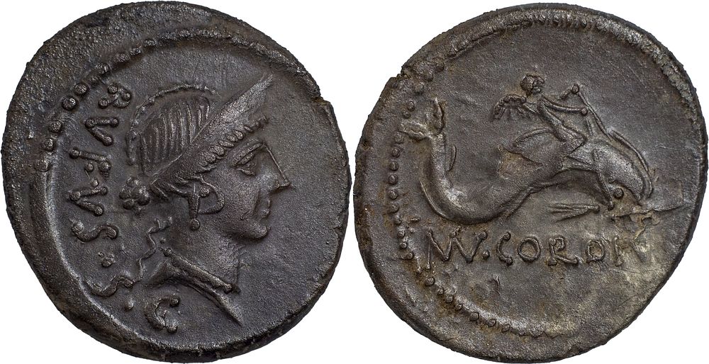 Mn. Cordius Rufus, 46 BC. AR Denarius. . The Roman Republic 
Mn. Cordius Rufus, 46 BC. AR 