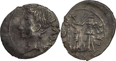 The Roman Empire Augustus, 27 BC-AD 14. AR Quinarius 1.56 g. Emerita, 25-23 BC. AVGVST Bare 