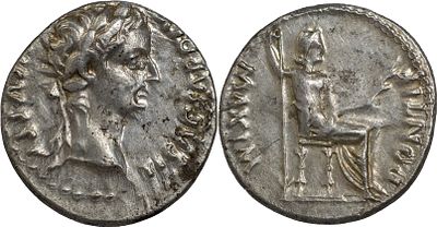 The Roman Empire Tiberius, 14-37. AR Denarius 3.80 g. Lugdunum, group 3, circa 18 BC. TI CAESAR 