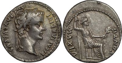 The Roman Empire Tiberius, 14-37. AR Denarius 3.81 g. Lugdunum, group 3, circa 18 BC. TI CAESAR 