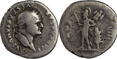 The Roman Empire Vespasian, 69-79. AR Denarius 2.91 g. Rome, 77-78. IMP CAESAR VESPASIANVS AVG 