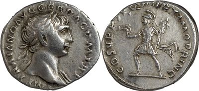 The Roman Empire Trajan, 98-117. AR Denarius 3.50 g. Rome, circa 107-108. IMP TRAIANO AVG GER 