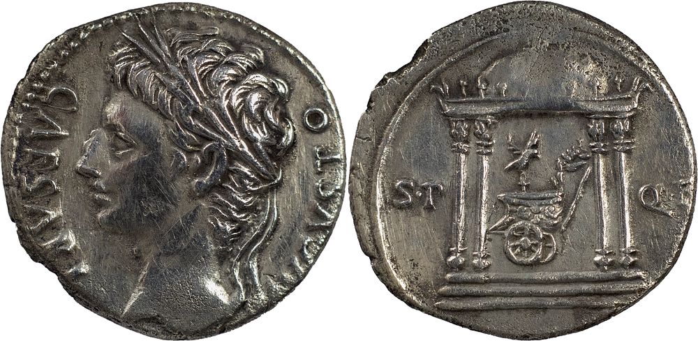 Augustus. Denarius. Circa 18 BC. Bust to Left. S•P•Q•R. . The Roman Empire 
Augustus, 27 BC-AD 