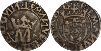 PortugalD. Manuel I (1495-1521)Vint&eacute;m Lisbon SilverLegend Inedit: ...GVIN/...A.D.G.AG: 27.VAR 