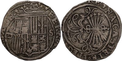 SpainReyes Cat&oacute;licos (1474-1504). Real. Sevilla. Silver 3.32 g. Marks: D-S. Cal-440. XF.