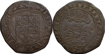 SpainReyes Cat&oacute;licos (1474-1504). Real. Sevilla. Silver 3.32 g. Marks: Armi&ntilde;o to derecha del 