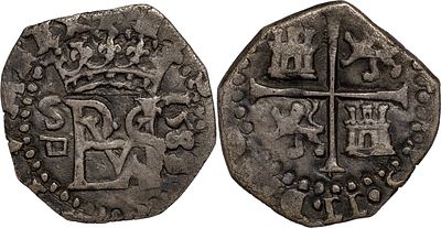SpainFelipe II (1556-1598). 1/2 Real 1589/8. Sevilla. Silver 1.73 g. Marks: S-D. Cal-154. XF.