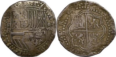 SpainFelipe II (1556-1598). 8 Reales. Potosi. Silver 26.56 g. Marks: B. Cal-672. XF.