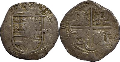 SpainFelipe II (1556-1598). 8 Reales (Antes of 1588). Sevilla. Silver 27.34 g. Marks: D en 
