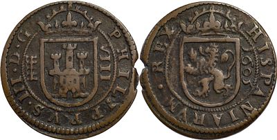 SpainFelipe III (1598-1621). 8 Maraved&iacute;s 1605. Segovia. Ae 6.23 g. Cal-327. VF.