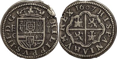 SpainFelipe III (1598-1621). Real 1607. Segovia. Ae 3.31 g. Marks: C. Cal-516. Fine.