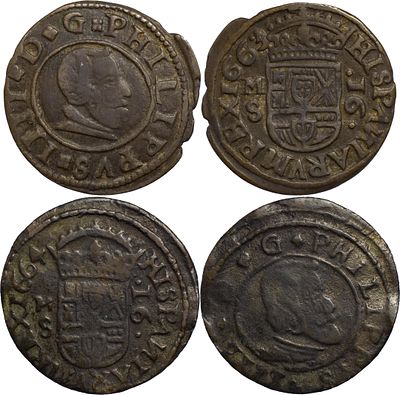 SpainFelipe IV (1621-1665). Lot of 2 coins diferentes of 16 maraved&iacute;s of Felipe III 1663 and 