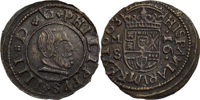 SpainFelipe IV (1621-1665). 16 Maraved&iacute;s 1663. Madrid. Ae 3.75 g. Marks: S. Cal-475. VF.
