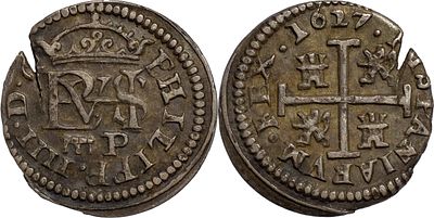 SpainFelipe IV (1621-1665). 1/2 Real 1627. Segovia. Silver 1.87 g. Marks: P. Cal-621. XF.