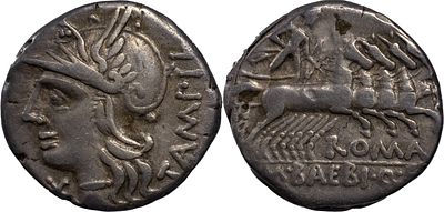 Roman RepublicM. Baebius Q.f. Tampilus, 137 Fine. AR Denarius 3.93 g. Rome. TAMPIL Head of Roma 