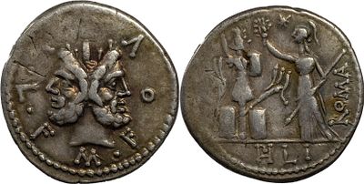 The Roman RepublicM. Furius L.f. Philus, 120 Fine. AR Denarius 4.00 g. Rome. M•FOVRI•L•F 