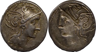 The Roman RepublicC. Claudius Pulcher, 110-109 Fine. AR Denarius 4.00 g. Rome. Head of Roma to 