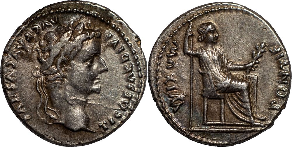 Tiberius, 14-37. AR Denarius. Struck in high relief. AU. The Roman Empire 
Tiberius, 14-37. AR 