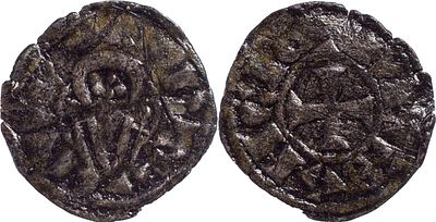 Portugal
D. Sancho I (1185-1211)
Dinheiro de espadas Bolh&atilde;o 
AG: 03.? 0.54 g 
Com verniz.
BC