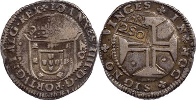 Portugal D. Pedro II (1683-1706) Cord&atilde;o e cunho de orla nova 1698 sobre meio cruzado D. Jo&atilde;o IV 