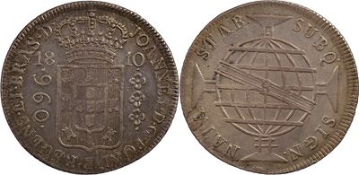 BrasilD. Jo&atilde;o Pr&iacute;ncipe Regente (1799-1816)960 r&eacute;is 1810 Rio de Janeiro PrataRecunhado sobre 8 