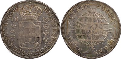 BrasilD. Jo&atilde;o Pr&iacute;ncipe Regente (1799-1816)960 r&eacute;is 1810 Rio de Janeiro PrataRecunhado sobre 8 