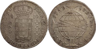 BrasilD. Jo&atilde;o Pr&iacute;ncipe Regente (1799-1816)960 r&eacute;is 1810 Rio de Janeiro PrataRecunhado sobre 8 