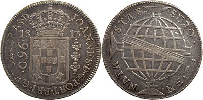 BrasilD. Jo&atilde;o Pr&iacute;ncipe Regente (1799-1816)960 r&eacute;is 1813 Rio de Janeiro PrataRecunhado sobre 8 