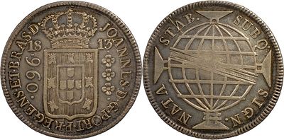 Brasil D. Jo&atilde;o Pr&iacute;ncipe Regente (1799-1816) 960 r&eacute;is 1813 Rio de Janeiro Prata Recunhado sobre 