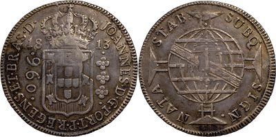 BrasilD. Jo&atilde;o Pr&iacute;ncipe Regente (1799-1816)960 r&eacute;is 1813 Bahia PrataRecunhado sobre 8 reales 
