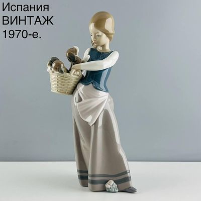Винтажная статуэтка "Щенки в корзине". Фарфор Lladro. Испания, 1970-е. На винтажном товаре 