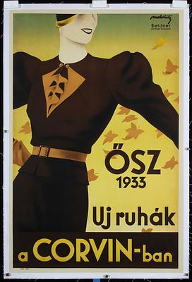 Signature illegible - Original 1930s Hungarian Art Deco Fashion Poster. Signature illegibleUj ruhak 