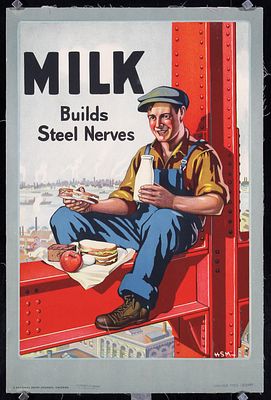 Milk Builds Steel Nerves (3 Posters) by Monogr. HSM, ca. 1928. Monogr. HSM Milk Builds Steel 