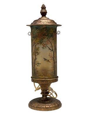 Handel Obverse Teroma Table Top Torchiere Lamp. Circa 1910, Handel Lamp with painted obverse 
