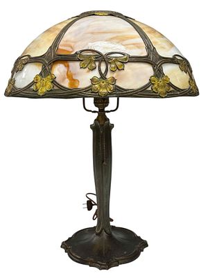 American Bent Panel Slag Glass Lamp w Yellow Cold Painted Flowers. An American Art Nouveau style 