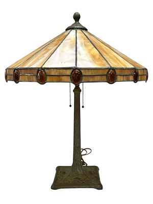 American Arts n Crafts Slag Glass Lamp with Amber Jeweled Border. Another fine early 20th 