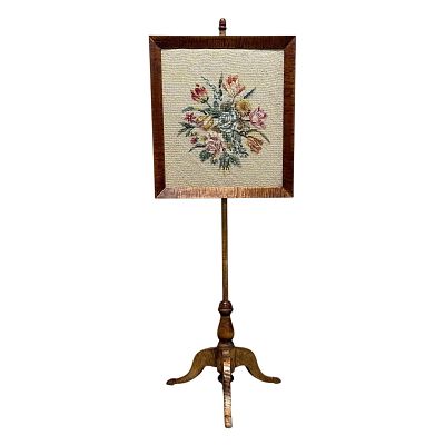 Early American Tiger Maple Needlepoint Fire Screen on Stand. Tiger and Cherry adjustable poll 