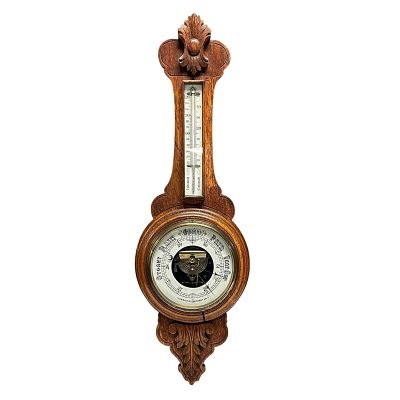 English Carved Oak Aneroid Barometer. Late 19th early 20th century aneroid barometer. Top half 