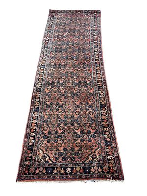Antique Malayer 10ft Carpet Runner. Wool. Iran. Geometric, floral &amp; tribal design on blue 