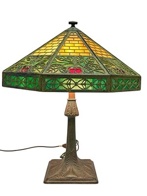 Bradley and Hubbard Cherry Blossom Slag Glass Table Lamp. A Bradley And Hubbard Arts and Crafts 