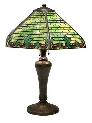 Fine HANDEL Brick and Holly Overlay Table Lamp. Another fine, Early 20th century American Arts 