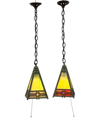 (2) Pair of American Arts and Crafts Pyramid Pendant Lights. A Scarce pair of Bradley and 