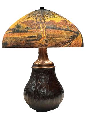 A Fine HANDEL Reverse Painted Table Lamp - Country Road Artist Signed. A Grand and Fine HANDEL 
