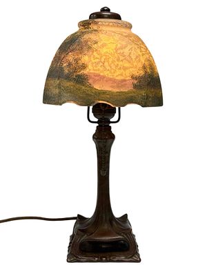 HANDEL Boudoir lamp with Woodland Landscape on Raised Base. American, HANDEL LAMP Co. desk / 