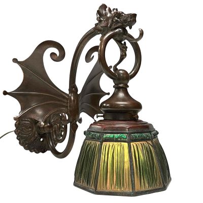 Tiffany Studios Linen Fold Shade on Griffin / Dragon Wall Sconce. Tiffany Studios green linen 