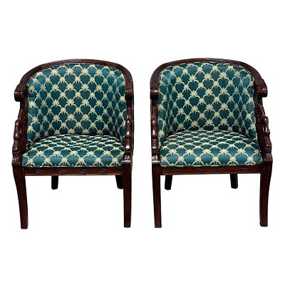Pair of French Empire Style Swan Arm Mahogany Club Chairs. A fine pair of re-upholstered French 