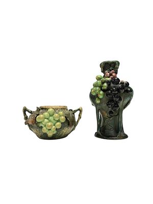 Art Nouveau Amphora Edda Grape Motif Vases (2). Two art nouveau Amphora grape cluster vases. Bud 