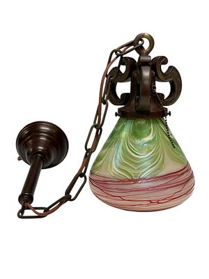 Bronze Hanging Light Fixture with Art Glass Shade. Arts and Crafts style hanging pendant light 