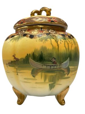 Nippon Hand Painted Porcelain Native American Canoe Biscuit Jar. Nippon Hand Painted Porcelain 