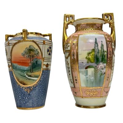 Nippon Landscape Porcelain Vases (2). Nippon four handled raised stippled gold landscape scene 